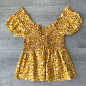 Yellow Floral Smocked Babydoll Women's Top Size S